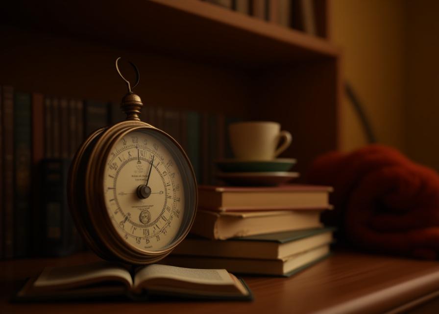 A vintage barometer sitting next to a stack of classic books in a cozy reading nook. Image has a soft, inviting glow signifying intellectual comfort.