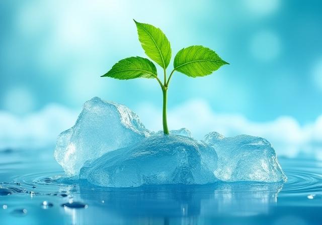 Melting ice with a green plant growing, symbolizing climate change and sustainability