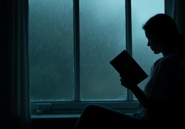A person reading next to a window with rain streaking down, suggesting weather-inspired fiction