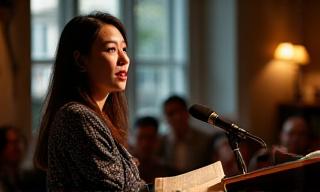 Author Dr. Elena Tan speaking at a book event, illuminated by spotlights, in a bookstore setting.